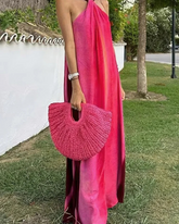 Vestido Longo Rosa Degradê com Alça de Amarração - Nelima