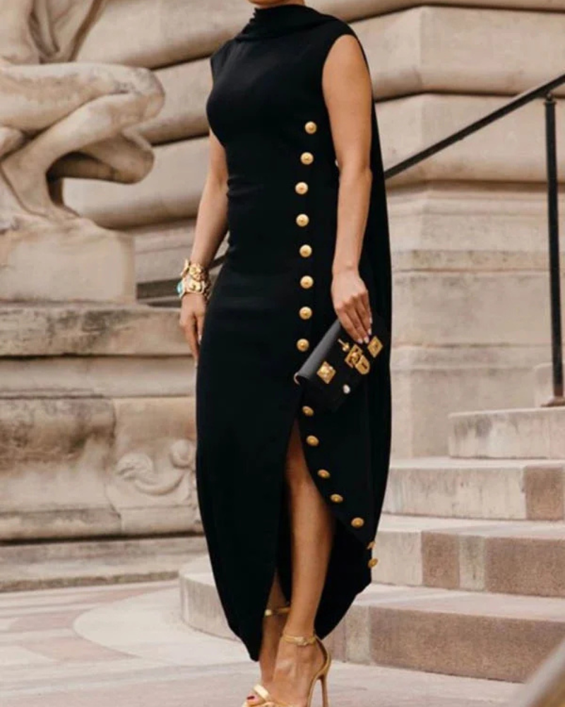 Vestido Elegante Vintage com Gola Lenço e Fenda Lateral - Nelima