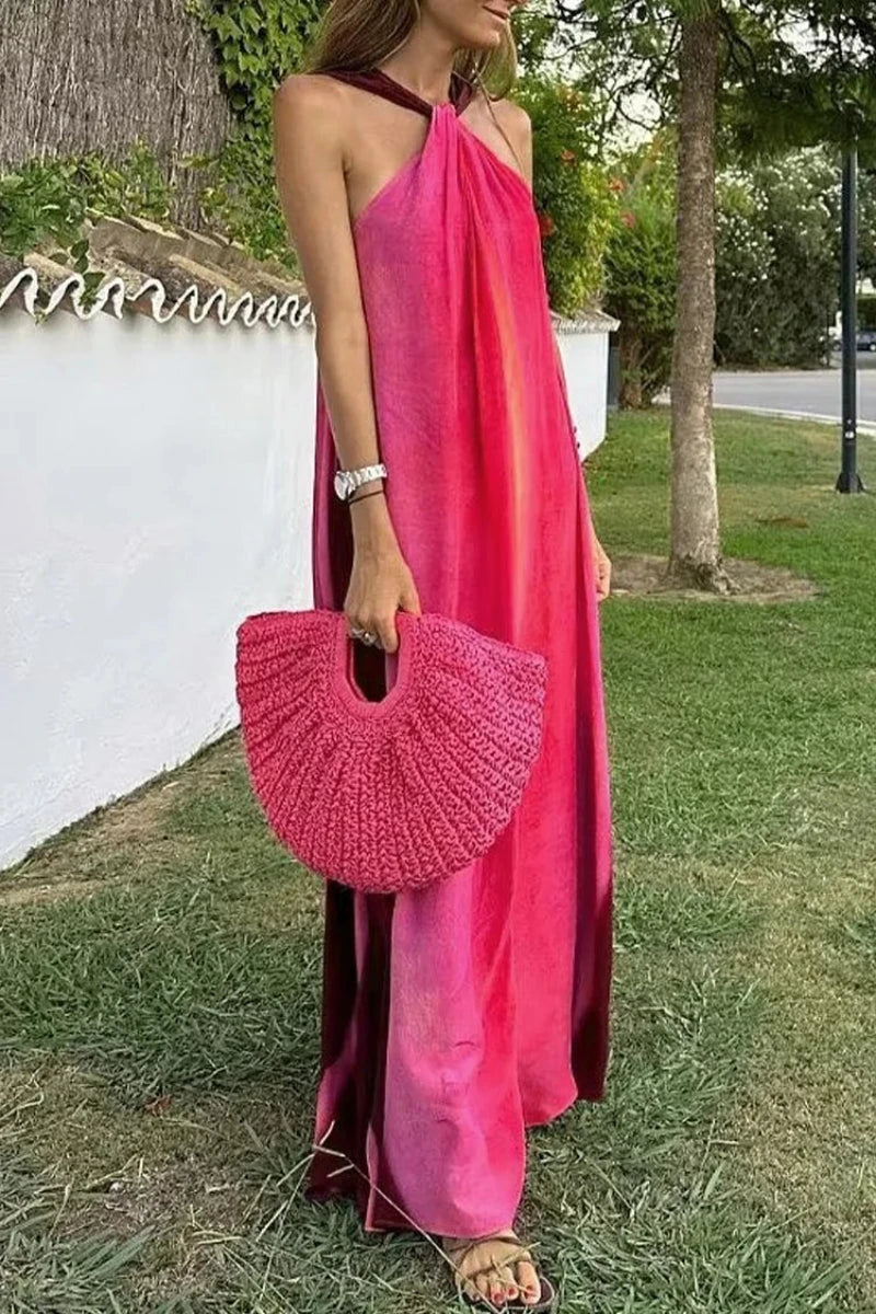 Vestido Longo Rosa Degradê com Alça de Amarração - Nelima