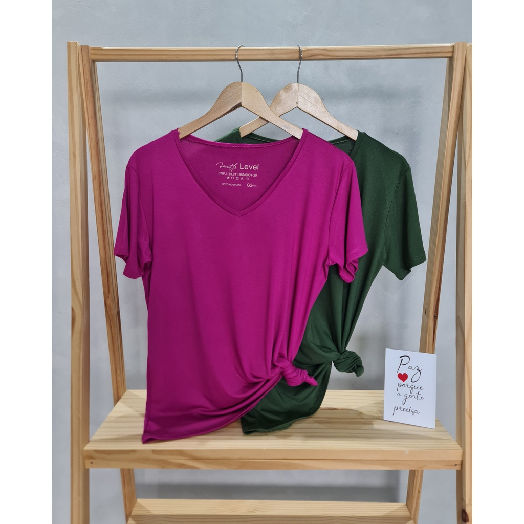 Camiseta Feminina T Shirt Plus Size Gola V Viscolaycra Basica Lisa