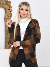 Casaco Xadrez Cardigan Sobretudo Tricô Moda Inverno Feminino