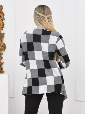 Cardigan Xadrez Sobretudo Lã Inverno Gola Chic Feminino Top