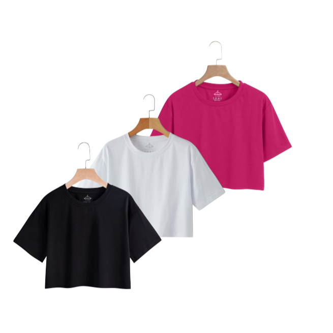 Kit 3 Camisetas Cropped Femininas 100% Algodão – Nelima