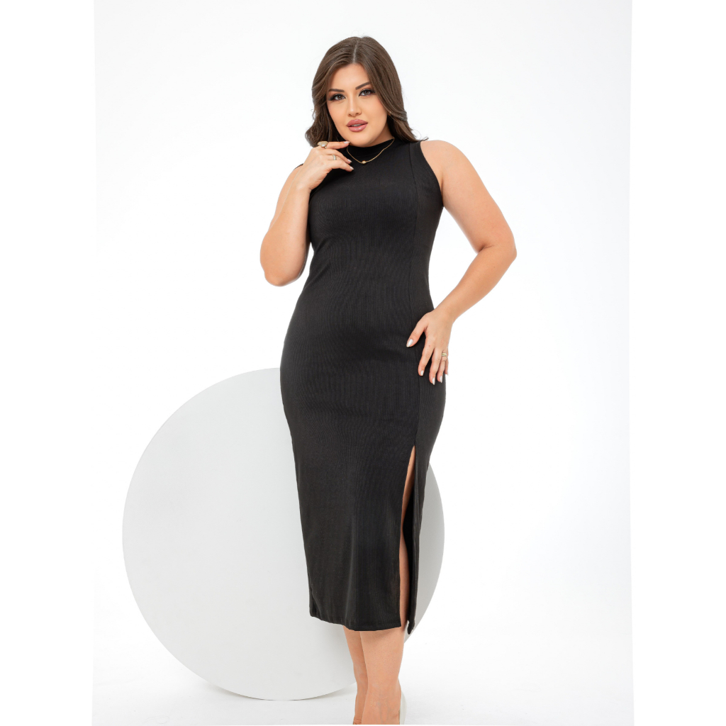 Vestido Midi Plus Size com Fenda – Nelima