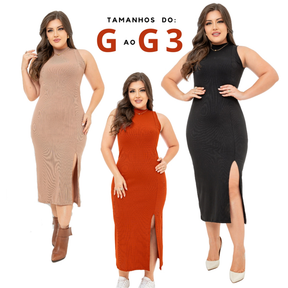 Vestido Midi PAZME Plus Size Regata Larga C/ Fenda Frontal