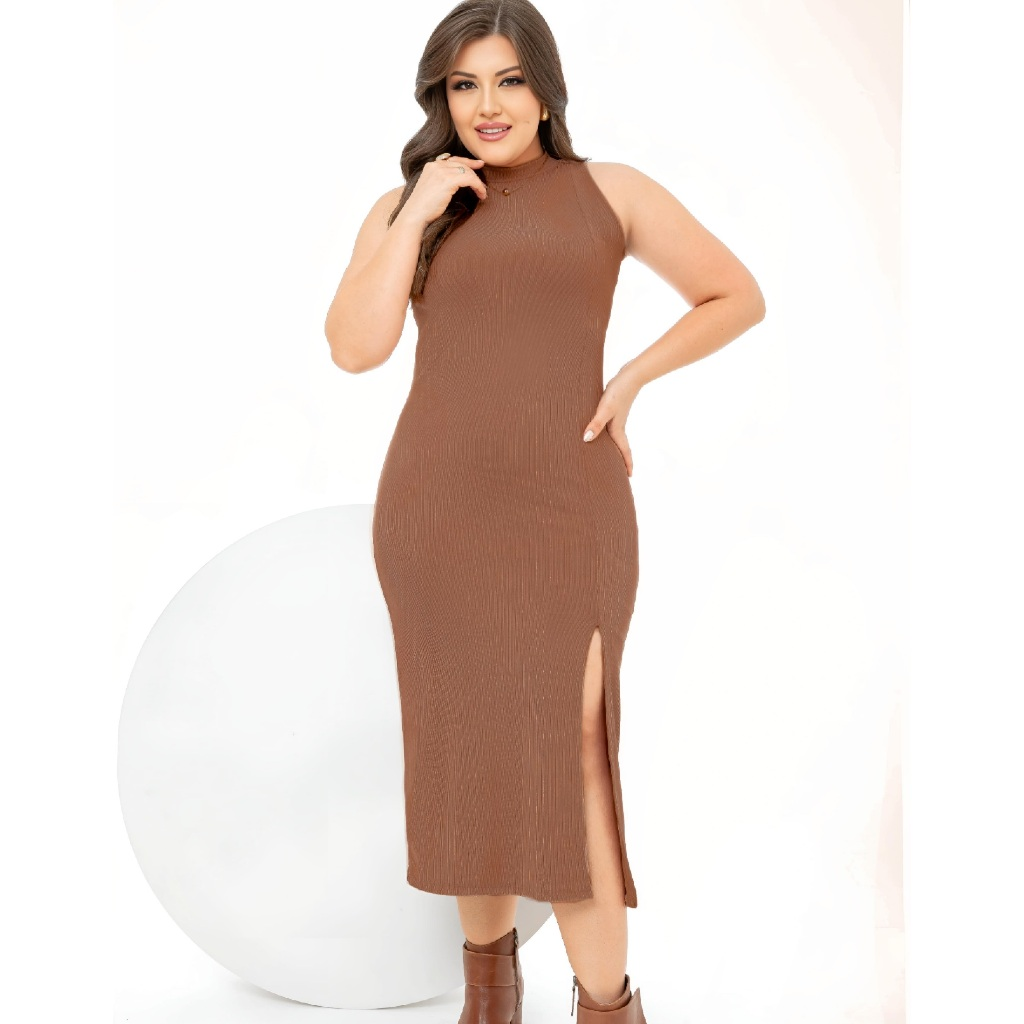 Vestido Midi Plus Size com Fenda – Nelima