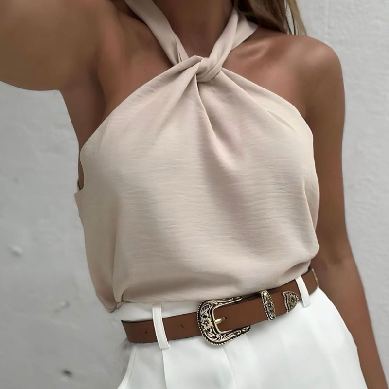 Blusa Feminina Elegante Gola Transpassada Em Nó Regata Moda Blogueira Tendência Promoção