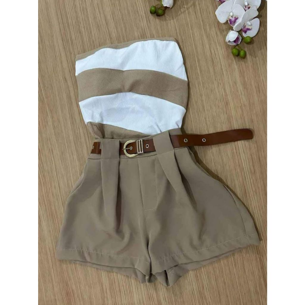 Conjunto Fany Acompanha Short Alfaiataria Com Cinto + Body Anarruga
