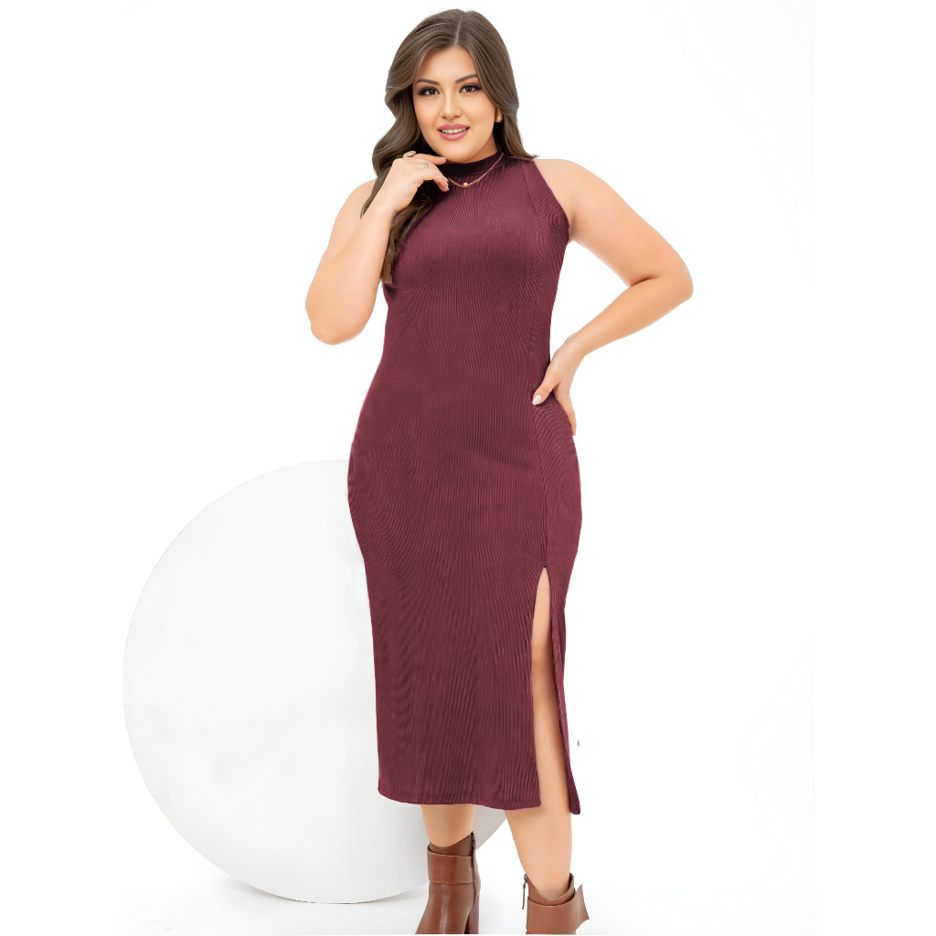 Vestido Midi Plus Size com Fenda – Nelima