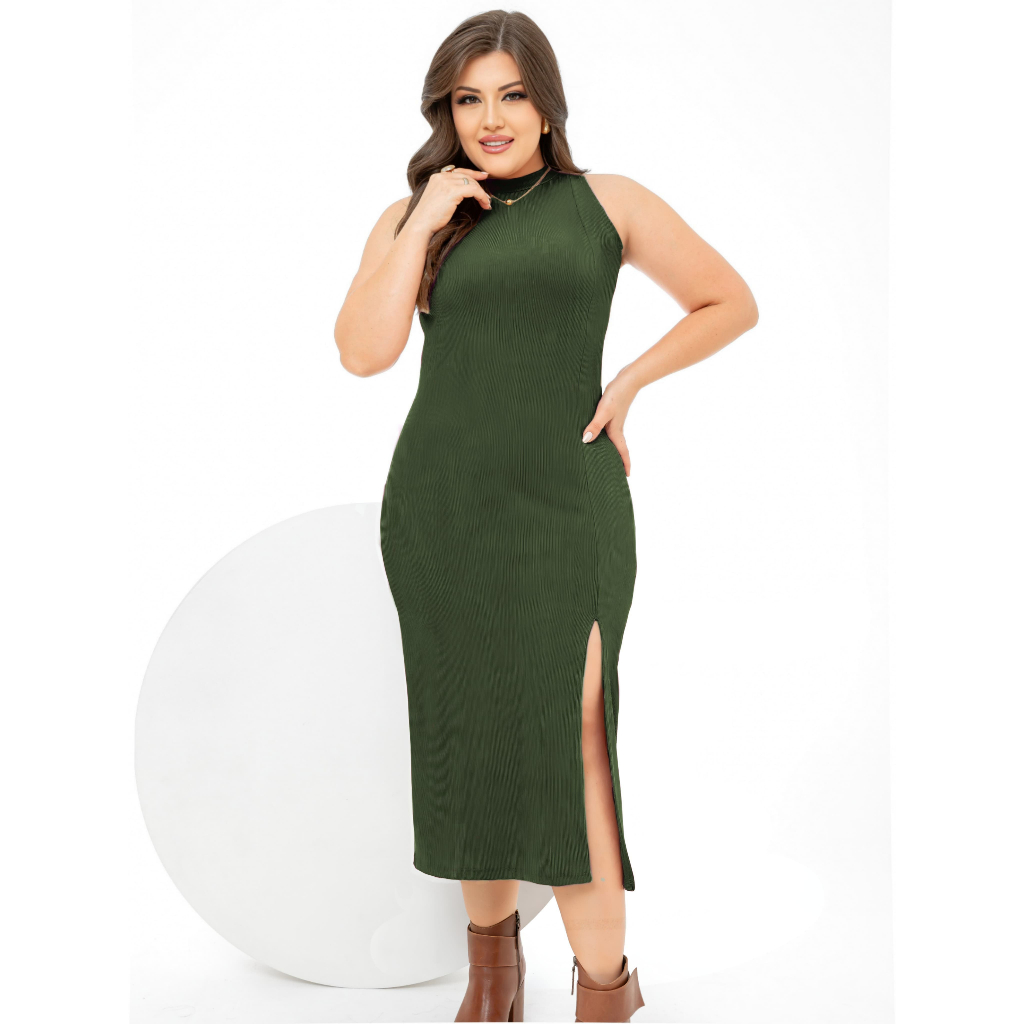 Vestido Midi Plus Size com Fenda – Nelima