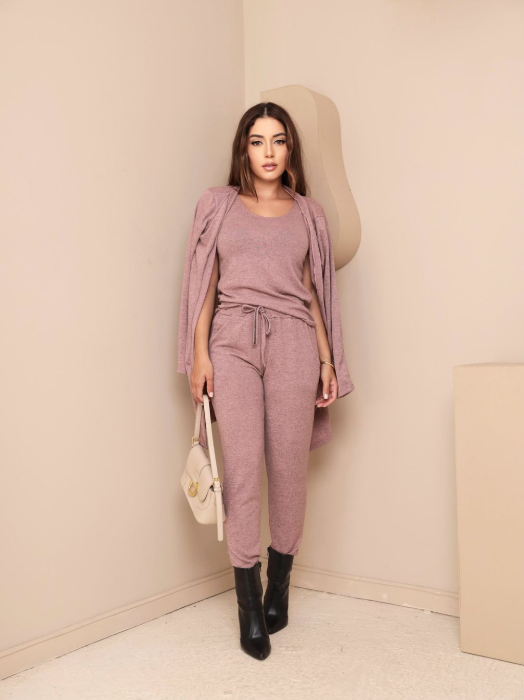 CONJUNTO FEMININO LANZINHA 3 PEÇAS REGATA CARDIGAN E CALÇA