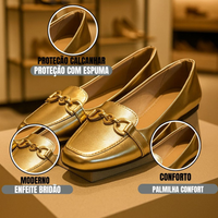 MOCASSIM FEMININO PRETO EM NAPA COM FIVELA DOURADA – ELEGÂNCIA E CONFORTO DO 34 AO 40