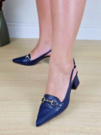 Scarpin Feminino Bico Fino Calcanhar Aberto Enfeite Metalizado Salto Bloco 5cm Elegante