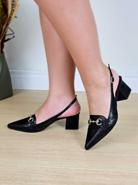 Scarpin Feminino Bico Fino Calcanhar Aberto Enfeite Metalizado Salto Bloco 5cm Elegante