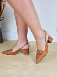 Scarpin Feminino Bico Fino Calcanhar Aberto Enfeite Metalizado Salto Bloco 5cm Elegante