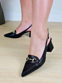 Scarpin Feminino Bico Fino Calcanhar Aberto Enfeite Metalizado Salto Bloco 5cm Elegante