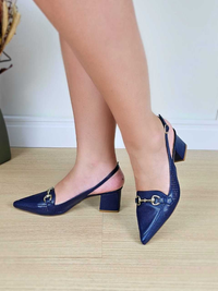 Scarpin Feminino Bico Fino Calcanhar Aberto Enfeite Metalizado Salto Bloco 5cm Elegante