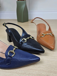 Scarpin Feminino Bico Fino Calcanhar Aberto Enfeite Metalizado Salto Bloco 5cm Elegante