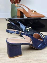 Scarpin Feminino Bico Fino Calcanhar Aberto Enfeite Metalizado Salto Bloco 5cm Elegante