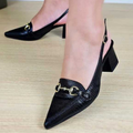SCARPIN FEMININO BICO FINO COM CALCANHAR ABERTO E ENFEITE METALIZADO – SALTO BLOCO 5CM