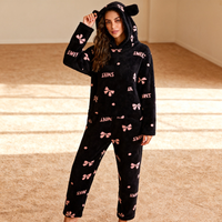 Pijama Feminino Inverno Peluciado Soft Com Capuz Orelhinhas Fofo Conjunto Quente Confortável