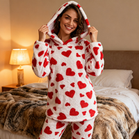 Pijama Feminino Inverno Peluciado Soft Com Capuz Orelhinhas Fofo Conjunto Quente Confortável