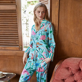 Conjunto de Pijama Feminino em Seda de Gelo Estampa Flamingo - Nelima