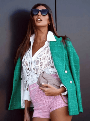 Blazer Feminino Elegante de Tweed com Botões Prateados - Nelima